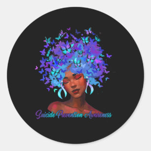 Black African Woman Afro Teal And Purple Suicide P Classic Round Sticker