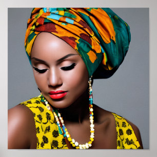 Black African Woman colourful headscarf portrait Poster