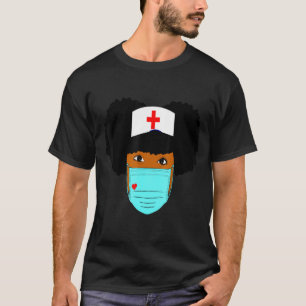 Black Afro Puff Nurse Strong Woman Face Mask Rn Lp T-Shirt