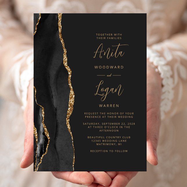 Black Agate Elegant Gold Script Wedding Invitation (Creator Uploaded)