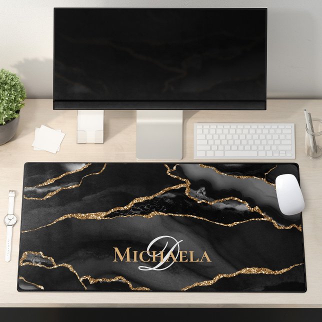 Black Agate Geode Gold Glitter Monogram Modern Desk Mat (Creator Uploaded)