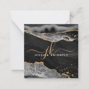 Black Agate Geode Gold Glitter Script Monogram Card