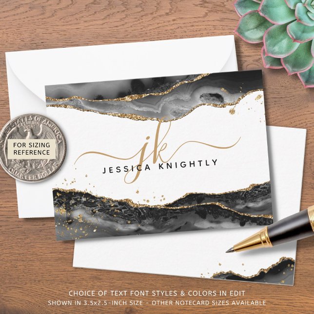 Black Agate Geode Gold Glitter Script Monogram Card (Creator Uploaded)