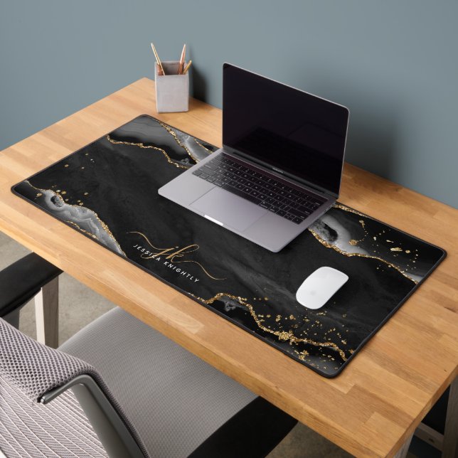 Black Agate Geode Monogram Gold Script Desk Mat (Office 2)