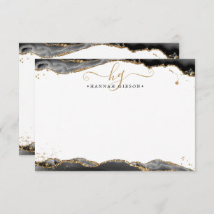 Black Agate Geode Monogram Script Gold Glitter Card