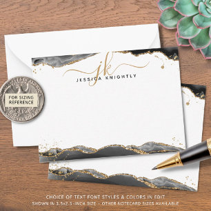 Black Agate Geode Script Monogram Gold Glitter Card