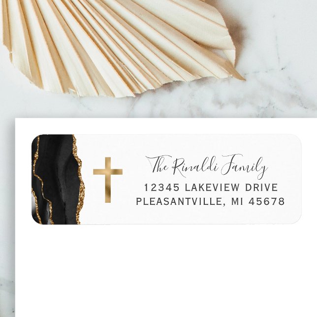 Black Agate Gold Cross Return Address Label (Creator Uploaded)