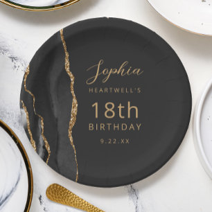 Black Agate Gold Dark 18th Birthday Paper Plate