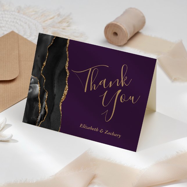 Black Agate Gold Deep Purple Wedding Thank You Card (Creator Uploaded)
