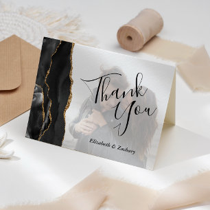 Black Agate Gold Faded Photo Wedding Thank You Card