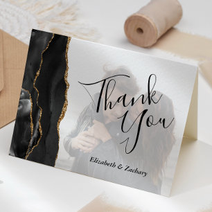 Black Agate Gold Faded Photo Wedding Thank You Card