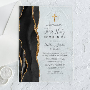 Black Agate Gold Glitter First Holy Communion Acrylic Invitations