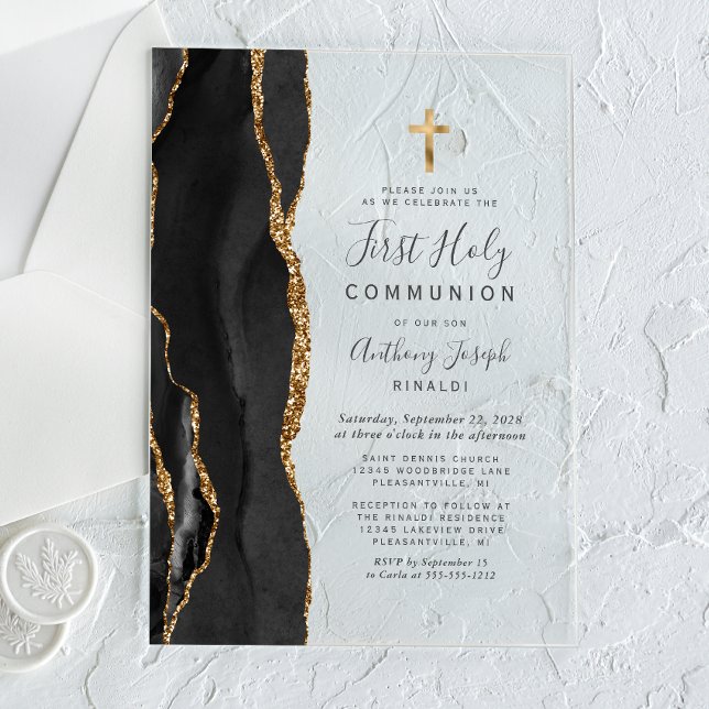 Black Agate Gold Glitter First Holy Communion Acrylic Invitations (Creator Uploaded)