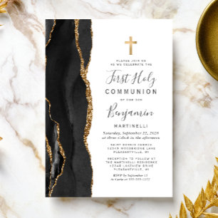 Black Agate Gold Glitter First Holy Communion Invitation