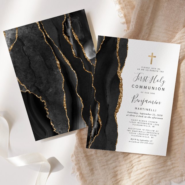 Black Agate Gold Glitter First Holy Communion Invitation (Creator Uploaded)