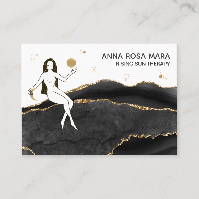 *~* Black Agate - Gold Glitter Goddess Celestial Business Card (Front)