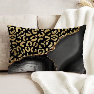 Black Agate Gold Glitter Leopard Spots Decorative Cushion