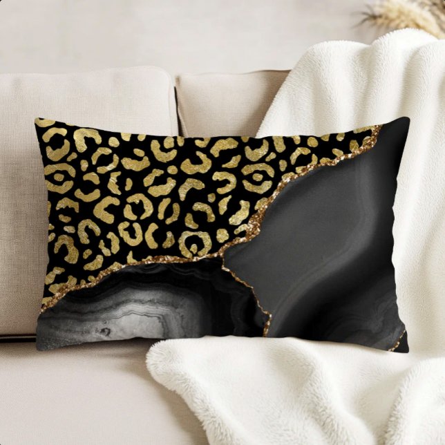 Black Agate Gold Glitter Leopard Spots Decorative Cushion (Creator Uploaded)