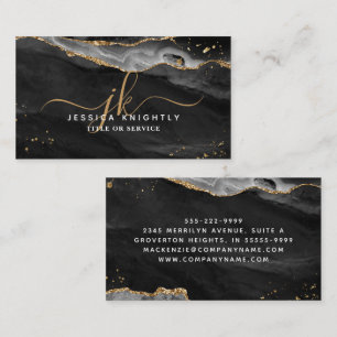 Black Agate Gold Glitter Script Monogram Business Card