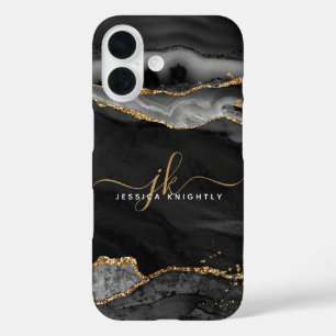 Black Agate Gold Glitter Script Monogram iPhone 16 Case