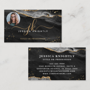 Black Agate Gold Glitter Script Monogram Photo Business Card
