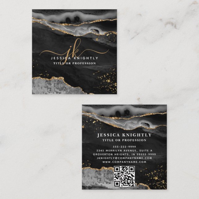 Black Agate Gold Glitter Script Monogram QR Square Business Card (Front/Back)