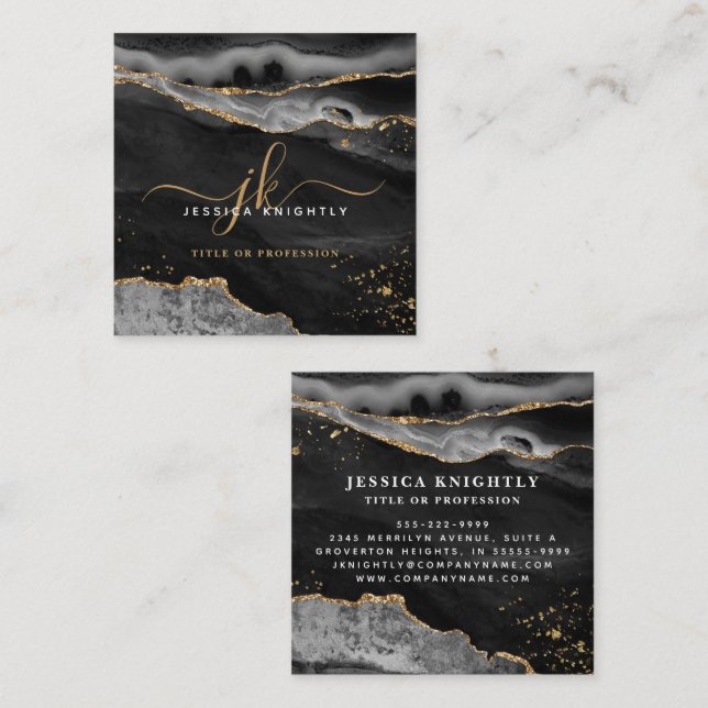 Black Agate Gold Glitter Script Monogram Square Business Card (Front/Back)