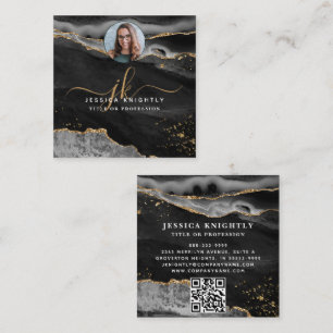 Black Agate Gold Glitter Script Photo QR Square Business Card
