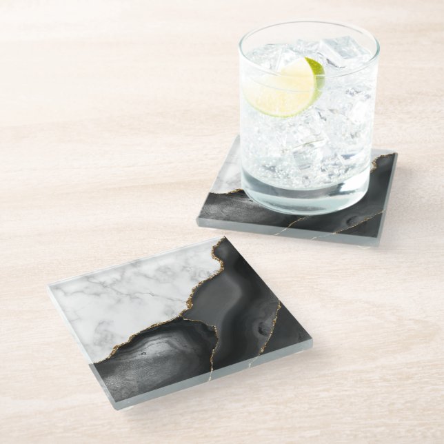 Black Agate Gold Glitter White Faux Marble Glass Coaster (Angled)