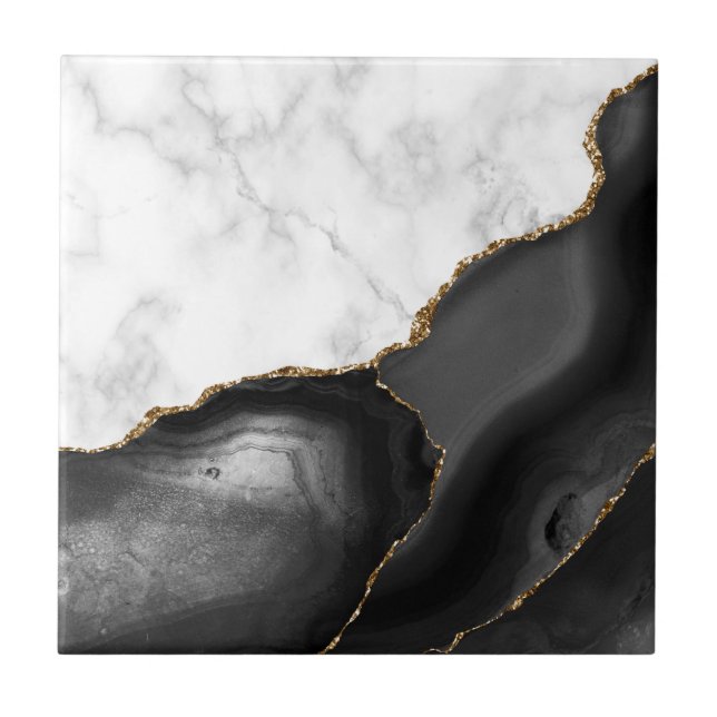 Black Agate Gold Glitter White Marble Ceramic Tile (Front)