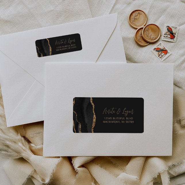 Black Agate Gold Script Wedding Return Address Label (Creator Uploaded)