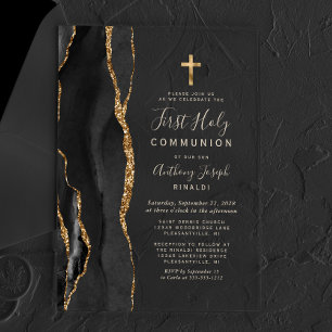 Black Agate Gold Text First Holy Communion Acrylic Invitations