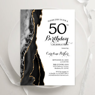 Black Agate Gold White 50th Birthday Invitation