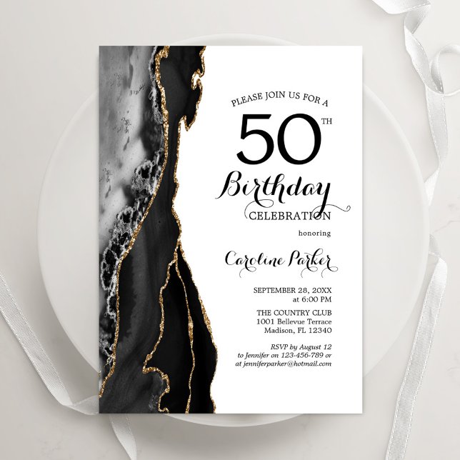 Black Agate Gold White 50th Birthday Invitation (Creator Uploaded)