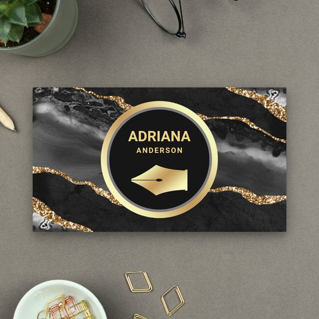 Black Agate Lawyer Attorney Gold Pen Nib Business Card (Creator Uploaded)