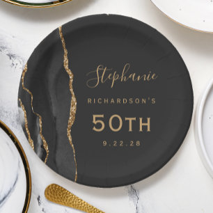 Black Agate Marble Gold Dark 50th Birthday Paper Plate