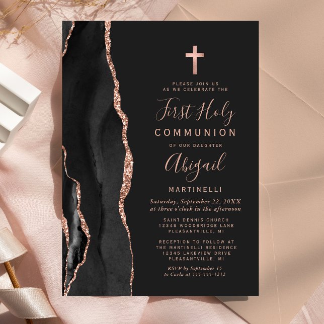 Black Agate Rose Gold Glitter First Holy Communion Invitation (Creator Uploaded)