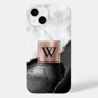 Black Agate Rose Gold White Marble Monogram