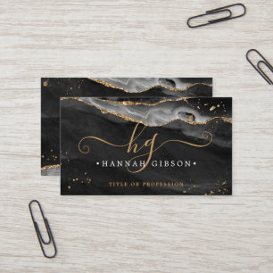 Black Agate Script Monogram Faux Gold Glitter Business Card