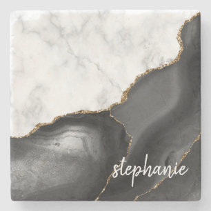 Black Agate Signature White Marble Gold Glitter Stone Coaster