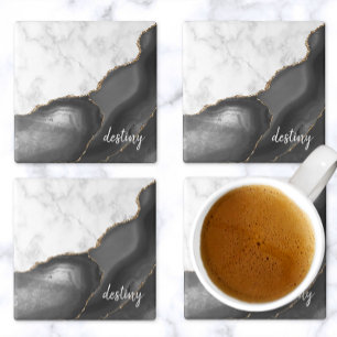 Black Agate Signature White Marble Gold Glitter Stone Coaster