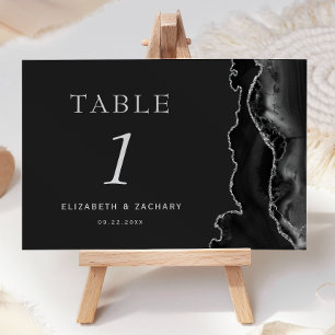 Black Agate Silver Dark Wedding Table Number