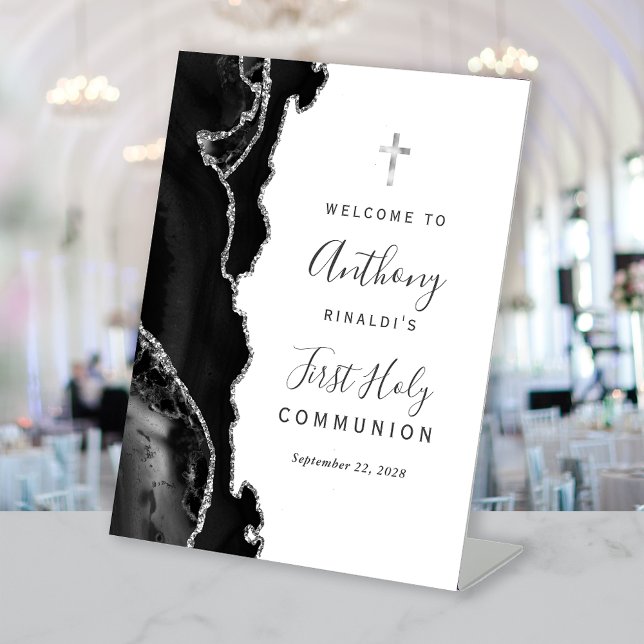 Black Agate Silver First Holy Communion Welcome Pedestal Sign (Creator Uploaded)