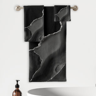 Black Agate Silver Glitter Dark Bath Towel Set