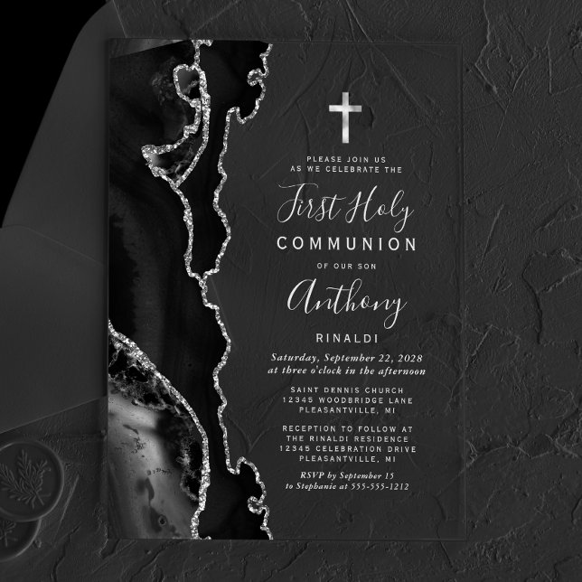 Black Agate Silver Grey Text First Holy Communion Acrylic Invitations (Creator Uploaded)