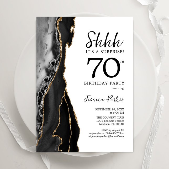 Black Agate White Gold Surprise 70th Birthday Invitation (Creator Uploaded)