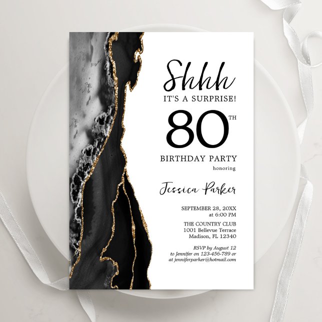 Black Agate White Gold Surprise 80th Birthday Invitation (Creator Uploaded)