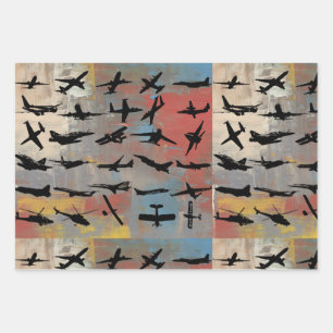 Black airplane silhouettes wrapping paper sheet