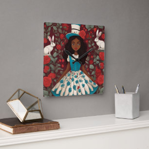 Black Alice in Wonderland Paper Napkin Square Wall Clock