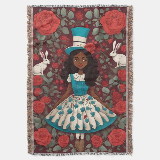 Black Alice in Wonderland Throw Blanket (Front Vertical)